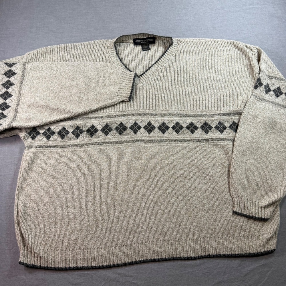 Liberty Sweaters V-Neck Sweater Mens L‎ Tan Argyle Excellent Vintage Made in USA